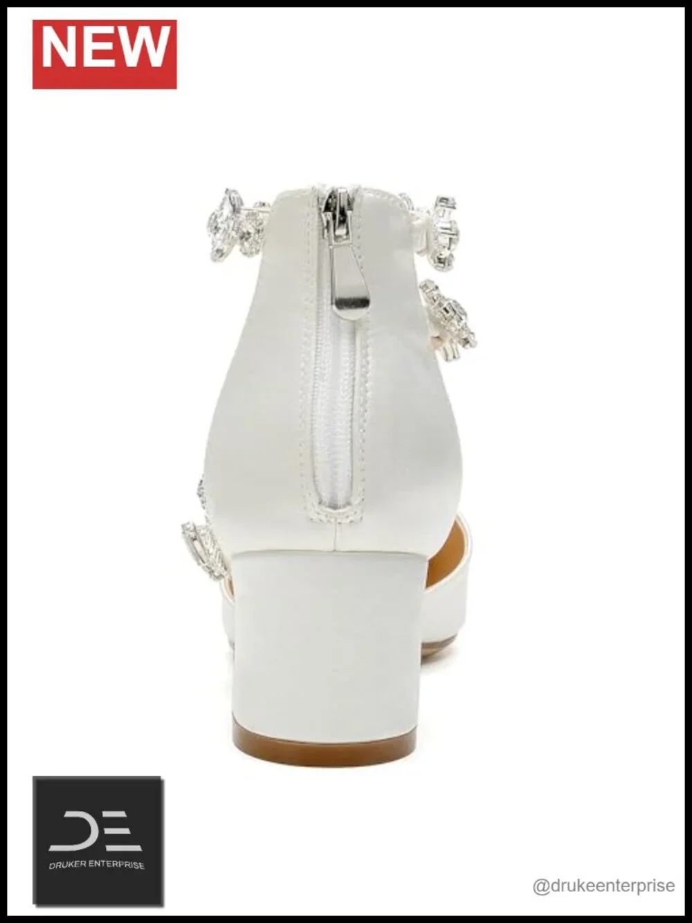Satin Crystal Pump Heels with Block Heel and Ankle Strap for Wedding Prom Party